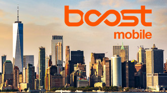 Boost Mobile logo over a city skyline with tall buildings, including the One World Trade Center in New York City.