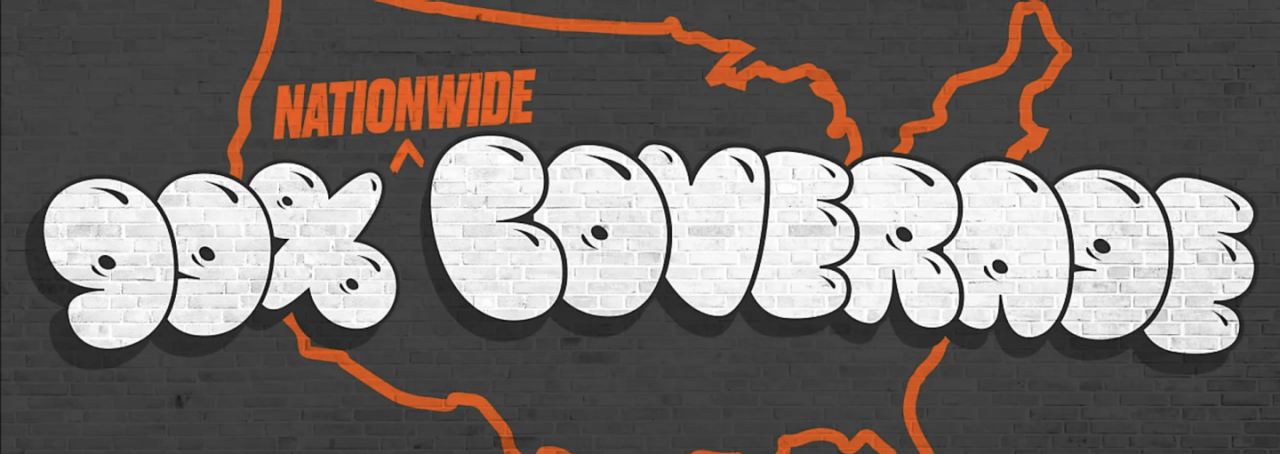 Graffiti-style text reading 'Nationwide 90% Coverage' over a dark brick wall with an orange outline of the United States.