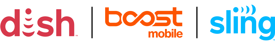 Logos of Dish, Boost Mobile, and Sling displayed side by side.