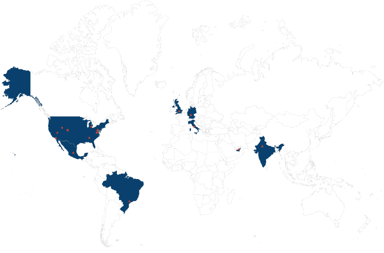 World map highlighting company office locations in blue, with red stars indicating key cities.