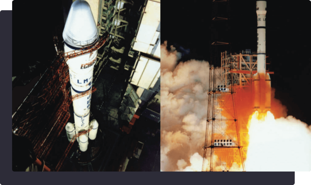 Split image of a rocket launch: one side shows the rocket on the launch pad, the other side captures the fiery liftoff.