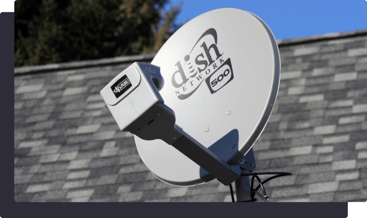 A gray Dish Network 500 satellite dish mounted on a rooftop.