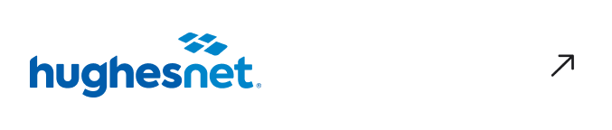 HughesNet logo in blue with a geometric icon, displayed on a white card with a small arrow.